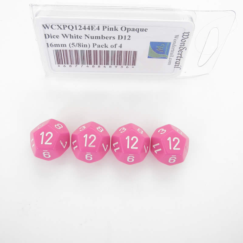 WCXPQ1244E4 Pink Opaque Dice White Numbers D12 16mm (5/8in) Pack of 4 (ONLINE ORDER ONLY)