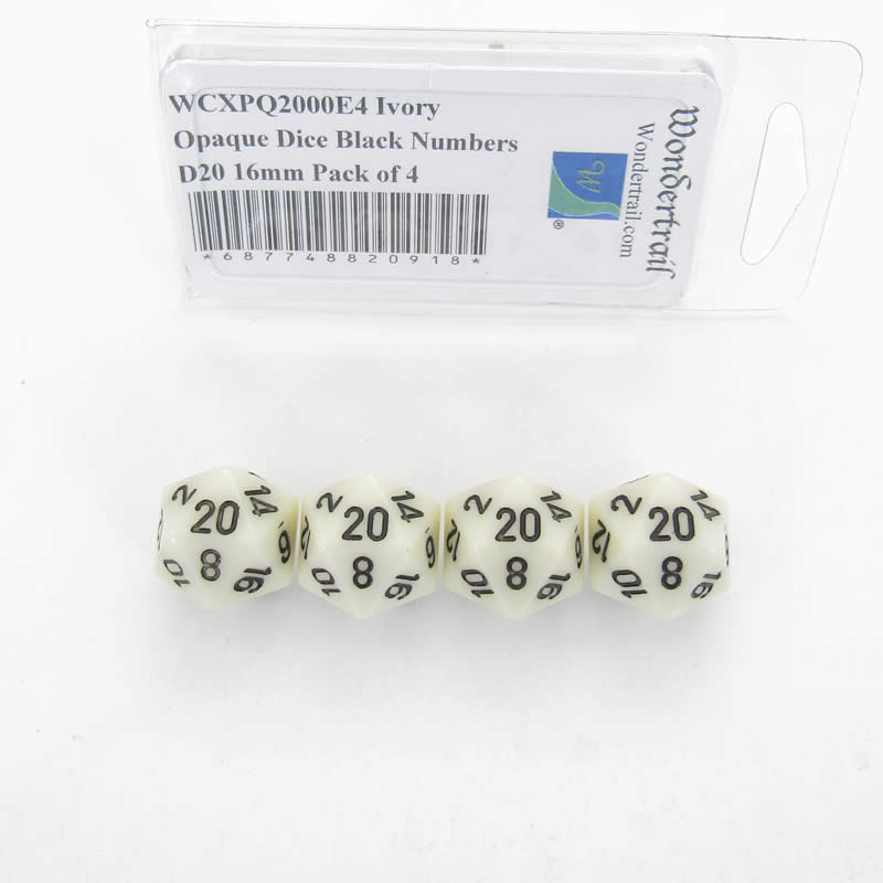 WCXPQ2000E4 Ivory Opaque Dice Black Numbers D20 16mm Pack of 4 (ONLINE ORDER ONLY)