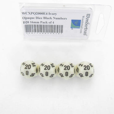 WCXPQ2000E4 Ivory Opaque Dice Black Numbers D20 16mm Pack of 4 (ONLINE ORDER ONLY)