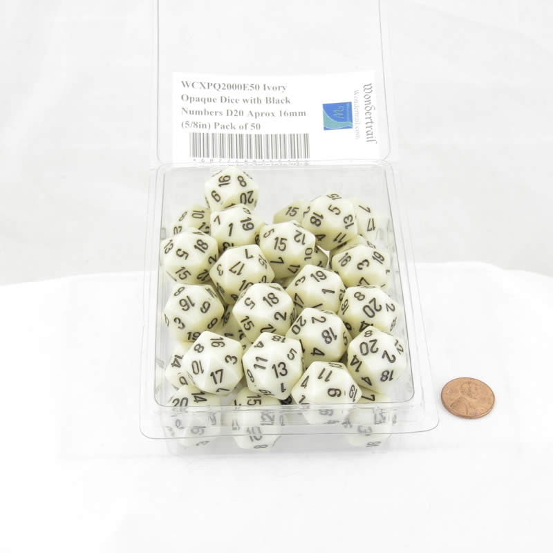WCXPQ2000E50 Ivory Opaque Dice with Black Numbers D20 Aprox 16mm (5/8in) Pack of 50 (ONLINE ORDER ONLY)