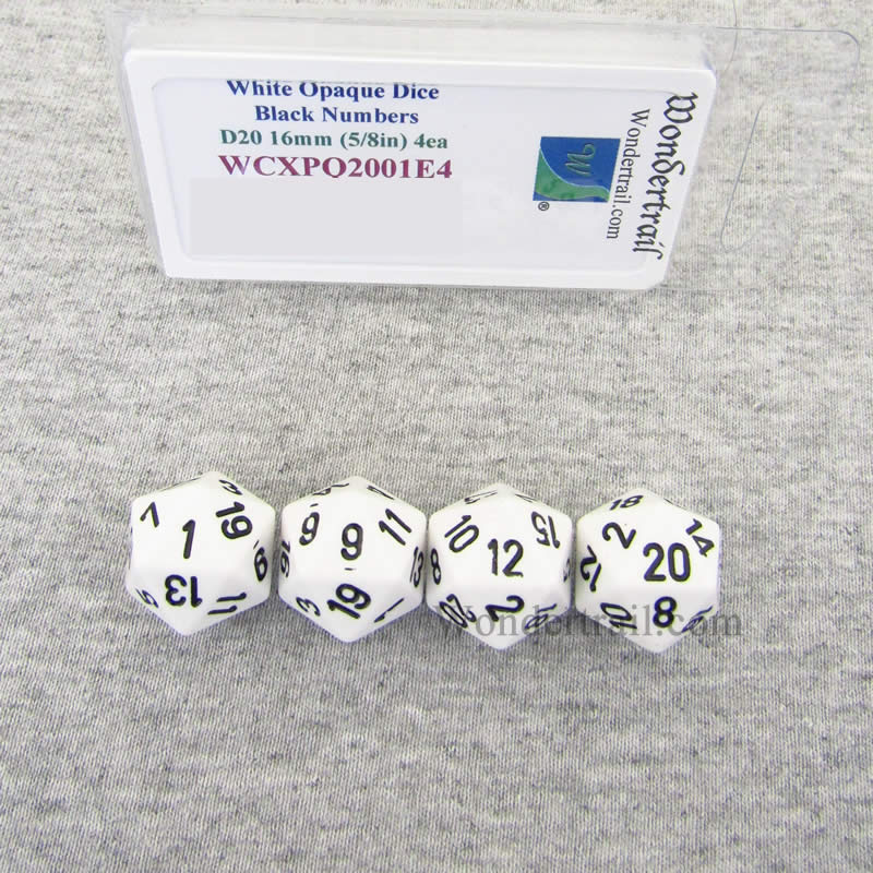 WCXPQ2001E4 White Opaque Dice Black Numbers D20 16mm Pack of 4 (ONLINE ORDER ONLY)