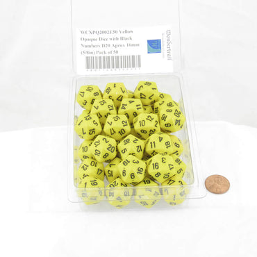WCXPQ2002E50 Yellow Opaque Dice with Black Numbers D20 Aprox 16mm (5/8in) Pack of 50 (ONLINE ORDER ONLY)