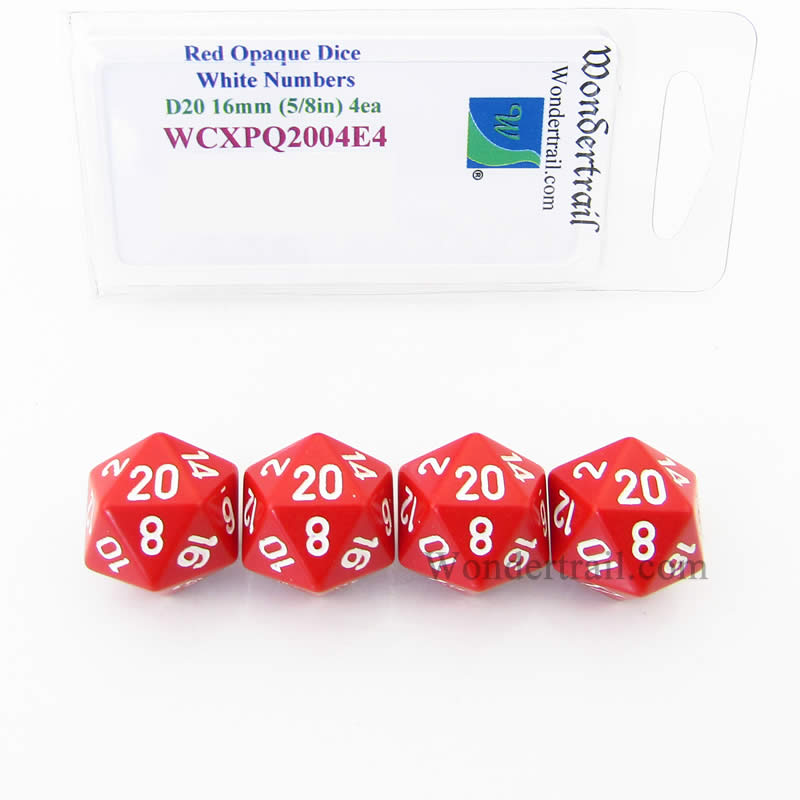 WCXPQ2004E4 Red Opaque Dice White Numbers D20 16mm Pack of 4 (ONLINE ORDER ONLY)