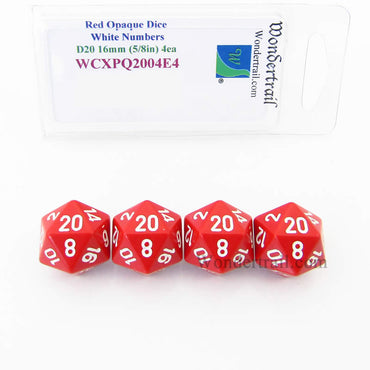WCXPQ2004E4 Red Opaque Dice White Numbers D20 16mm Pack of 4 (ONLINE ORDER ONLY)