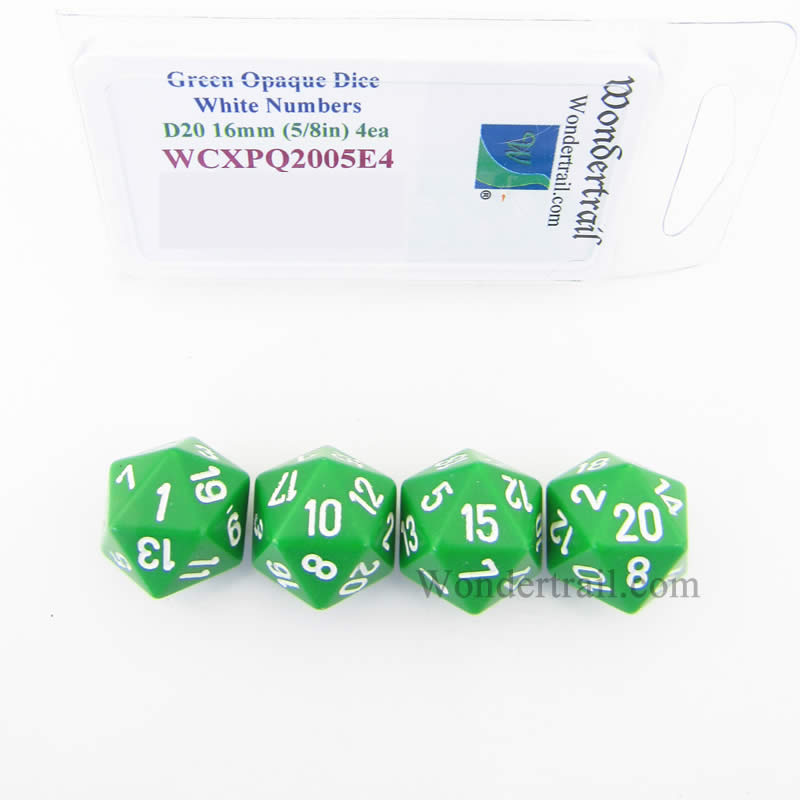 WCXPQ2005E4 Green Opaque Dice White Numbers D20 16mm Pack of 4 (ONLINE ORDER ONLY)