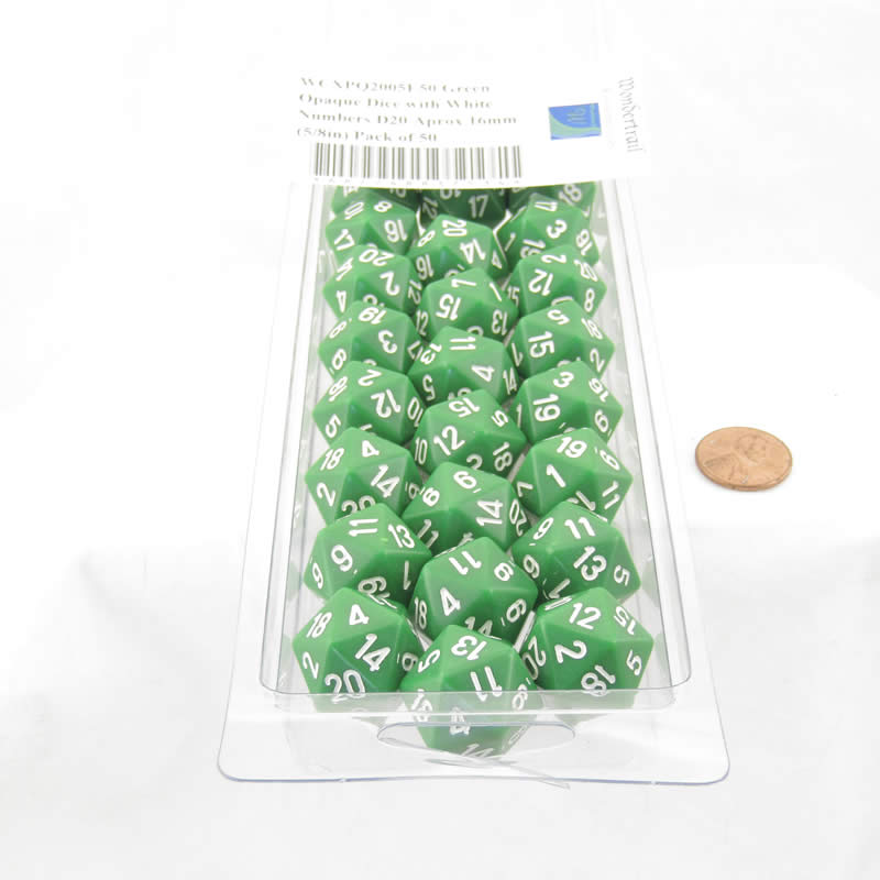 WCXPQ2005E50 Green Opaque Dice with White Numbers D20 Aprox 16mm (5/8in) Pack of 50 (ONLINE ORDER ONLY)
