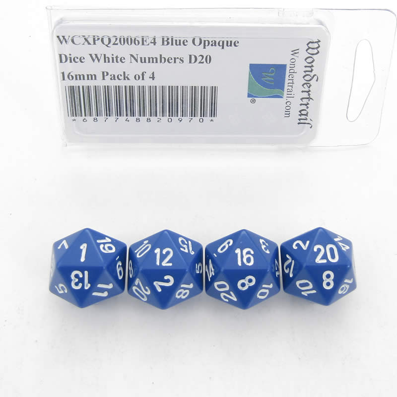 WCXPQ2006E4 Blue Opaque Dice White Numbers D20 16mm Pack of 4 (ONLINE ORDER ONLY)