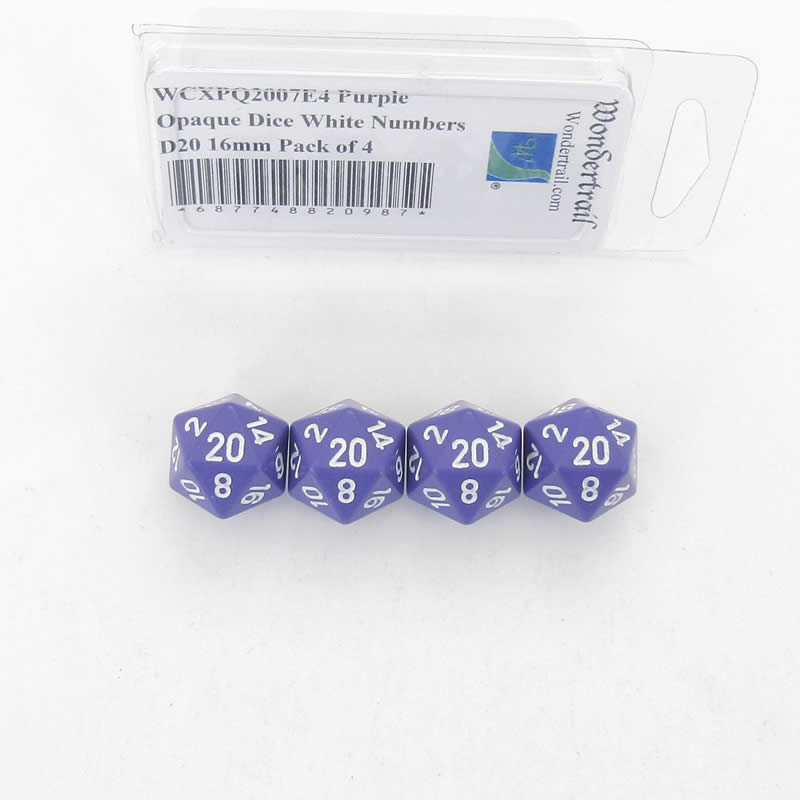 WCXPQ2007E4 Purple Opaque Dice White Numbers D20 16mm Pack of 4 (ONLINE ORDER ONLY)