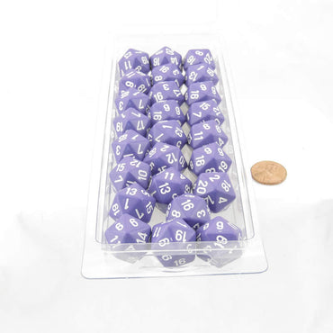 WCXPQ2007E50 Purple Opaque Dice with White Numbers D20 Aprox 16mm (5/8in) Pack of 50 (ONLINE ORDER ONLY)