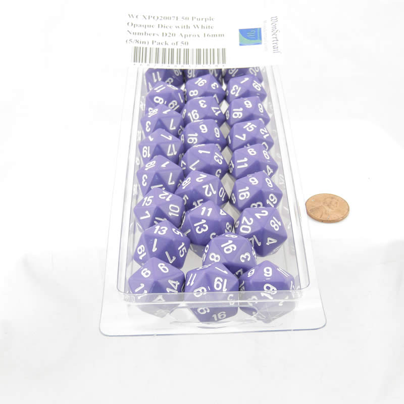 WCXPQ2007E50 Purple Opaque Dice with White Numbers D20 Aprox 16mm (5/8in) Pack of 50 (ONLINE ORDER ONLY)
