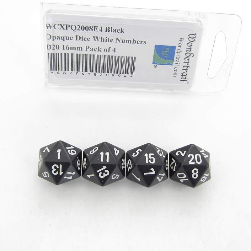 WCXPQ2008E4 Black Opaque Dice White Numbers D20 16mm Pack of 4 (ONLINE ORDER ONLY)