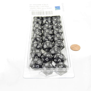 WCXPQ2008E50 Black Opaque Dice with White Numbers D20 Aprox 16mm (5/8in) Pack of 50 (ONLINE ORDER ONLY)