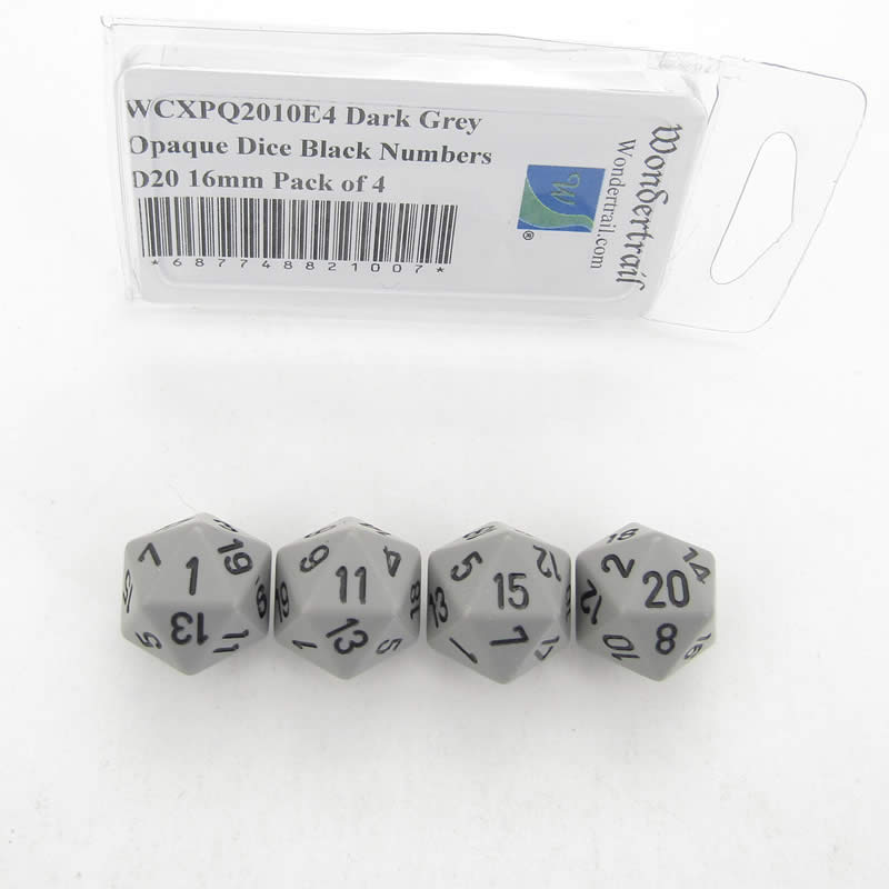 WCXPQ2010E4 Dark Grey Opaque Dice Black Numbers D20 16mm Pack of 4 (ONLINE ORDER ONLY)