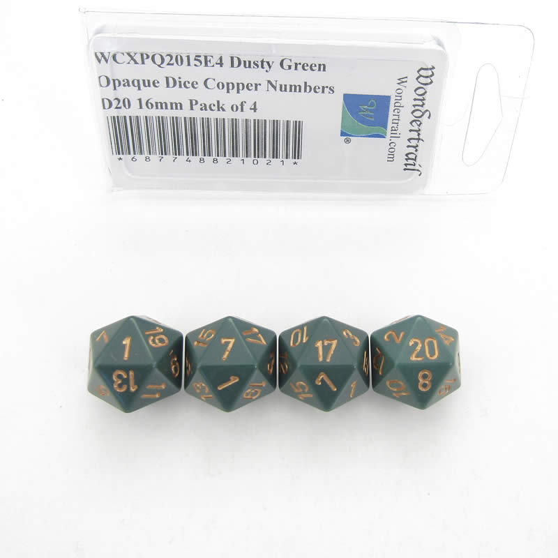 WCXPQ2015E4 Dusty Green Opaque Dice Copper Numbers D20 16mm Pack of 4 (ONLINE ORDER ONLY)
