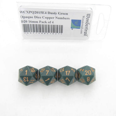 WCXPQ2015E4 Dusty Green Opaque Dice Copper Numbers D20 16mm Pack of 4 (ONLINE ORDER ONLY)