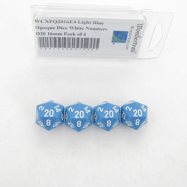 WCXPQ2016E4 Light Blue Opaque Dice White Numbers D20 16mm Pack of 4 (ONLINE ORDER ONLY)