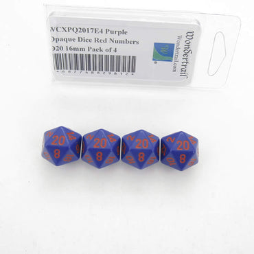 WCXPQ2017E4 Purple Opaque Dice Red Numbers D20 16mm Pack of 4 (ONLINE ORDER ONLY)