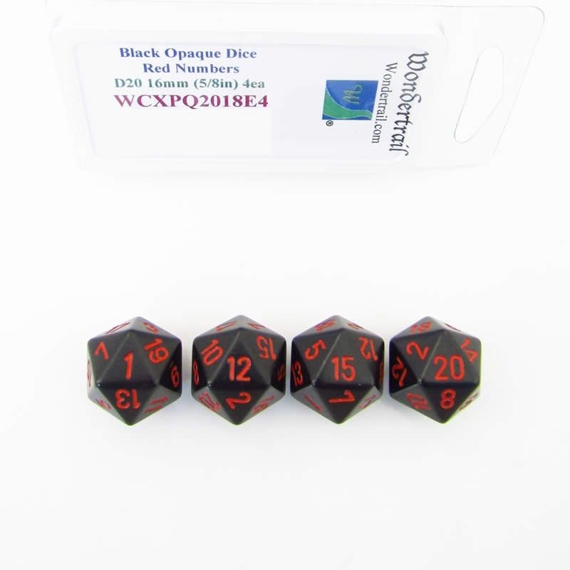 WCXPQ2018E4 Black Opaque Dice Red Numbers D20 16mm Pack of 4 (ONLINE ORDER ONLY)
