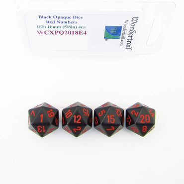 WCXPQ2018E4 Black Opaque Dice Red Numbers D20 16mm Pack of 4 (ONLINE ORDER ONLY)