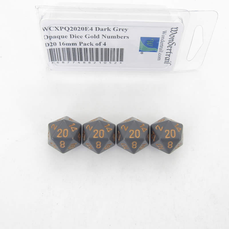 WCXPQ2020E4 Dark Grey Opaque Dice Gold Numbers D20 16mm Pack of 4 (ONLINE ORDER ONLY)