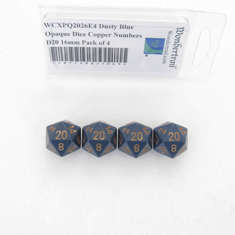 WCXPQ2026E4 Dusty Blue Opaque Dice Copper Numbers D20 16mm Pack of 4 (ONLINE ORDER ONLY)