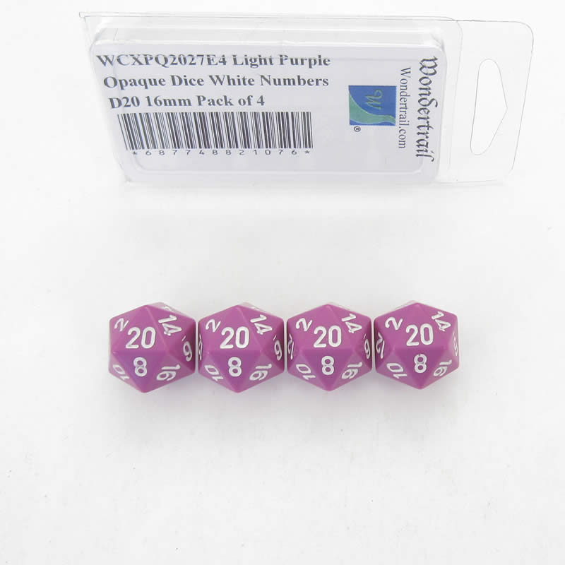 WCXPQ2027E4 Light Purple Opaque Dice White Numbers D20 16mm Pack of 4 (ONLINE ORDER ONLY)
