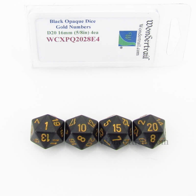 WCXPQ2028E4 Black Opaque Dice Gold Numbers D20 16mm Pack of 4 (ONLINE ORDER ONLY)