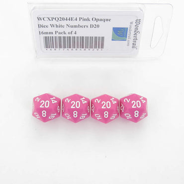 WCXPQ2044E4 Pink Opaque Dice White Numbers D20 16mm Pack of 4 (ONLINE ORDER ONLY)