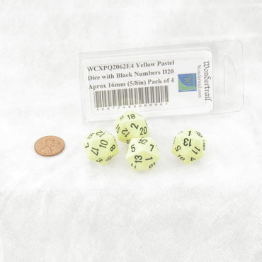 WCXPQ2062E4 Yellow Pastel Dice with Black Numbers D20 Aprox 16mm (5/8in) Pack of 4 (ONLINE ORDER ONLY)