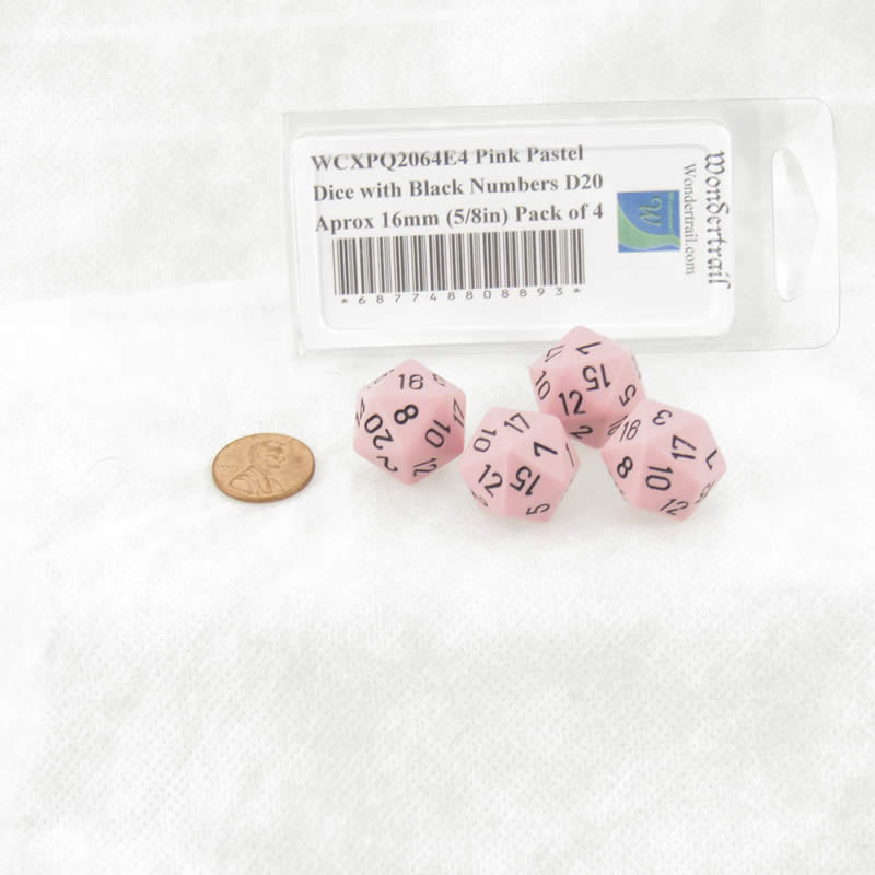 WCXPQ2064E4 Pink Pastel Dice with Black Numbers D20 Aprox 16mm (5/8in) Pack of 4 (ONLINE ORDER ONLY)