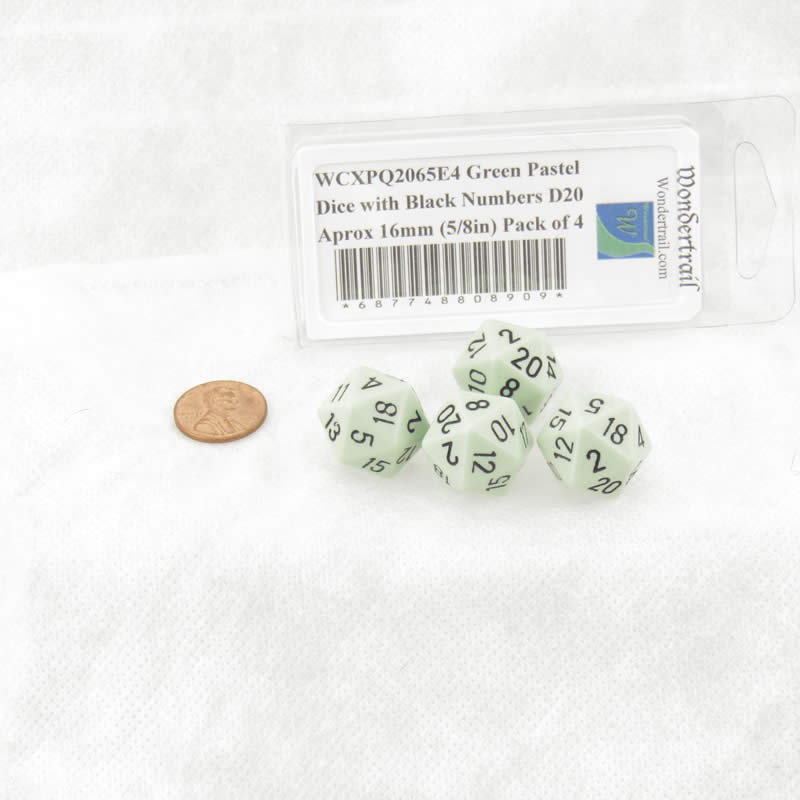 WCXPQ2065E4 Green Pastel Dice with Black Numbers D20 Aprox 16mm (5/8in) Pack of 4 (ONLINE ORDER ONLY)
