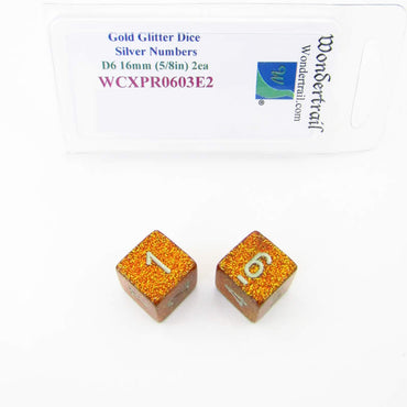WCXPR0603E2 Gold Glitter Dice Silver Numbers D6 16mm (5/8in) Pack of 2 (ONLINE ORDER ONLY)