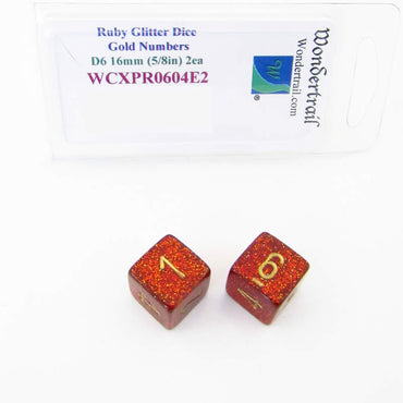 WCXPR0604E2 Ruby Glitter Dice Gold Numbers D6 16mm (5/8in) Pack of 2 (ONLINE ORDER ONLY)