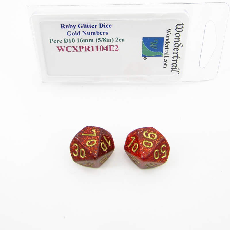 WCXPR1104E2 Ruby Glitter Dice Gold Numbers 10s D10 16mm Pack of 2 (ONLINE ORDER ONLY)