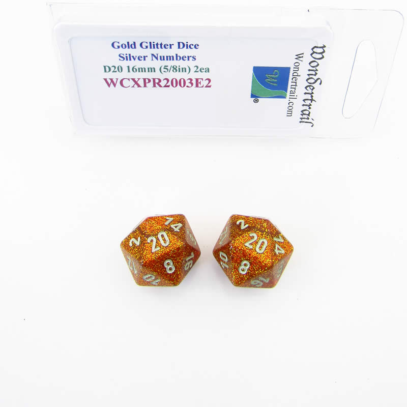 WCXPR2003E2 Gold Glitter Dice Silver Numbers D20 Aprox 16mm Pack of 2 (ONLINE ORDER ONLY)