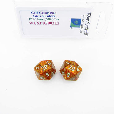 WCXPR2003E2 Gold Glitter Dice Silver Numbers D20 Aprox 16mm Pack of 2 (ONLINE ORDER ONLY)