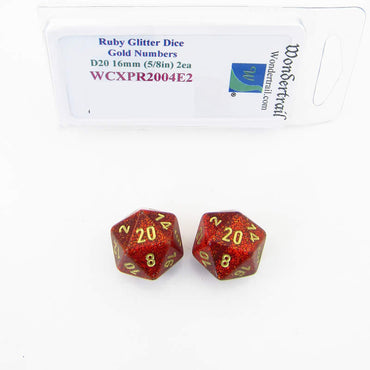 WCXPR2004E2 Ruby Glitter Dice with Gold Numbers D20 Aprox 16mm (5/8in) Pack of 2 Wondertrail (ONLINE ORDER ONLY)
