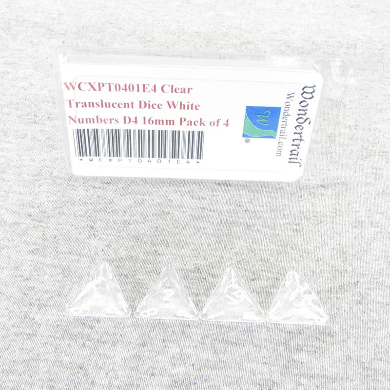 WCXPT0401E4 Clear Translucent Dice White Numbers D4 16mm Pack of 4 (ONLINE ORDER ONLY)