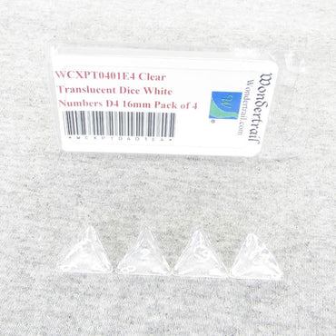 WCXPT0401E4 Clear Translucent Dice White Numbers D4 16mm Pack of 4 (ONLINE ORDER ONLY)