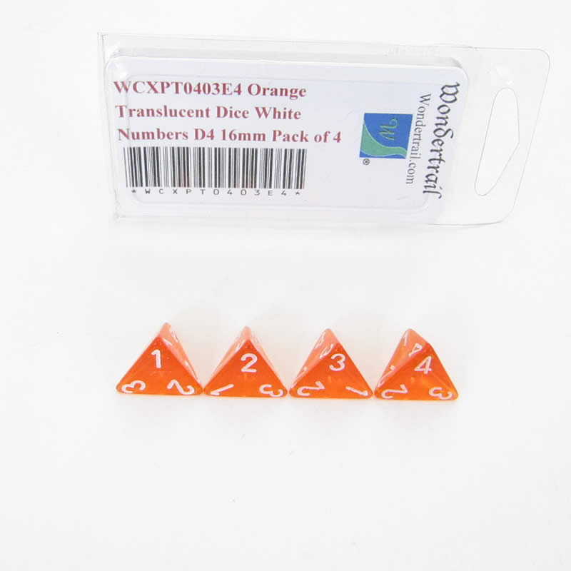 WCXPT0403E4 Orange Translucent Dice White Numbers D4 16mm Pack of 4 (ONLINE ORDER ONLY)