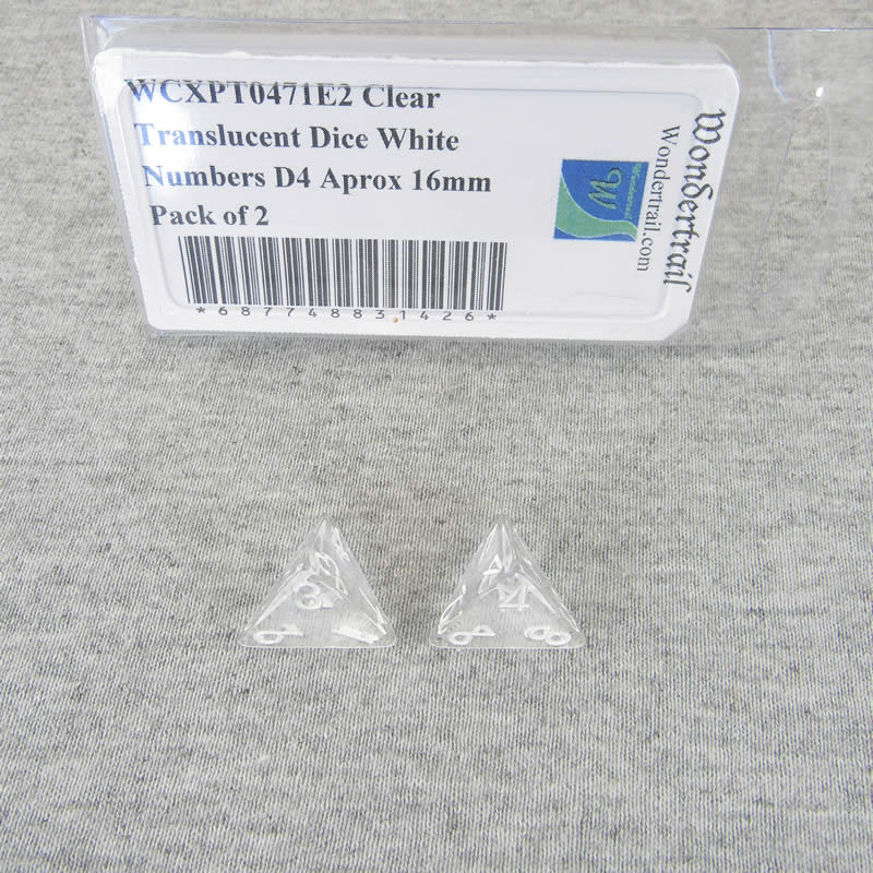 WCXPT0471E2 Clear Translucent Dice White Numbers D4 16mm Pack of 2 (ONLINE ORDER ONLY)