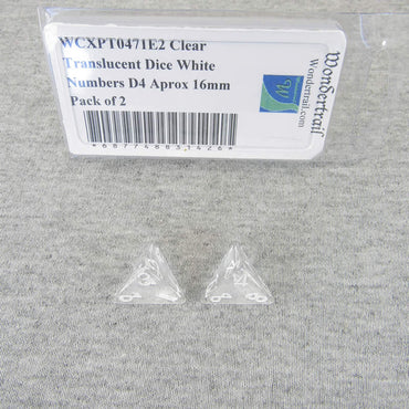 WCXPT0471E2 Clear Translucent Dice White Numbers D4 16mm Pack of 2 (ONLINE ORDER ONLY)