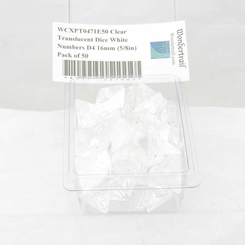 WCXPT0471E50 Clear Translucent Dice White Numbers D4 16mm (5/8in) Pack of 50 (ONLINE ORDER ONLY)