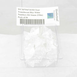 WCXPT0471E50 Clear Translucent Dice White Numbers D4 16mm (5/8in) Pack of 50 (ONLINE ORDER ONLY)