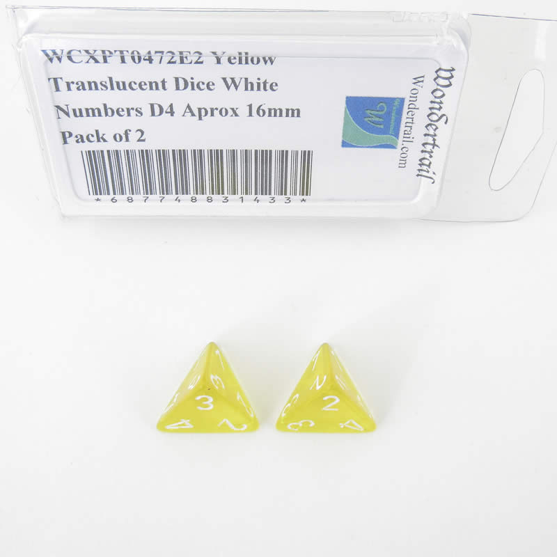 WCXPT0472E2 Yellow Translucent Dice White Numbers D4 Aprox 16mm Pack of 2 (ONLINE ORDER ONLY)