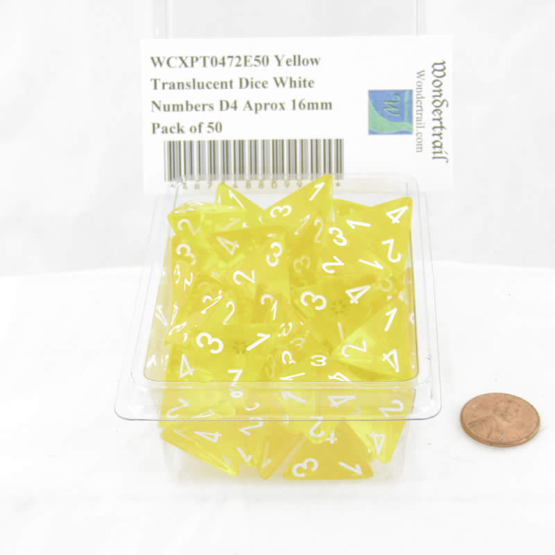 WCXPT0472E50 Yellow Translucent Dice White Numbers D4 Aprox 16mm Pack of 50 (ONLINE ORDER ONLY)