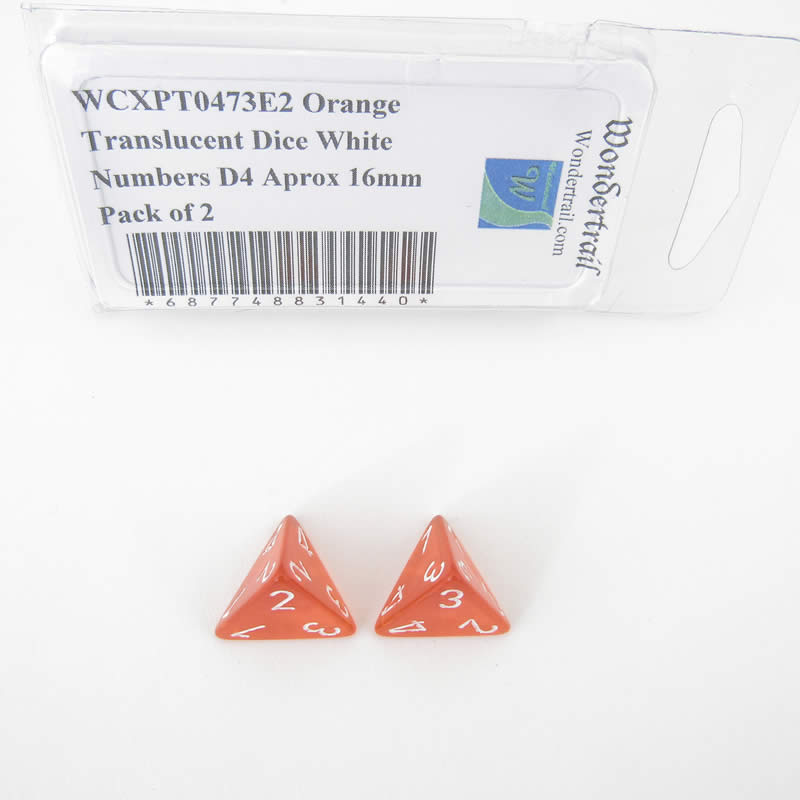 WCXPT0473E2 Orange Translucent Dice White Numbers D4 Aprox 16mm Pack of 2 (ONLINE ORDER ONLY)