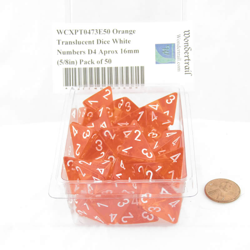 WCXPT0473E50 Orange Translucent Dice White Numbers D4 Aprox 16mm (5/8in) Pack of 50 (ONLINE ORDER ONLY)