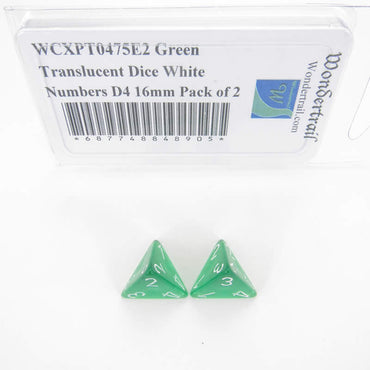 WCXPT0475E2 Green Translucent Dice White Numbers D4 16mm Pack of 2 (ONLINE ORDER ONLY)