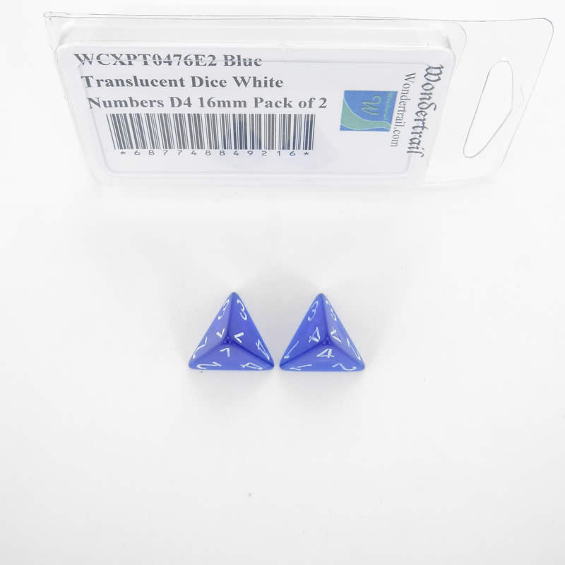 WCXPT0476E2 Blue Translucent Dice White Numbers D4 16mm Pack of 2 (ONLINE ORDER ONLY)